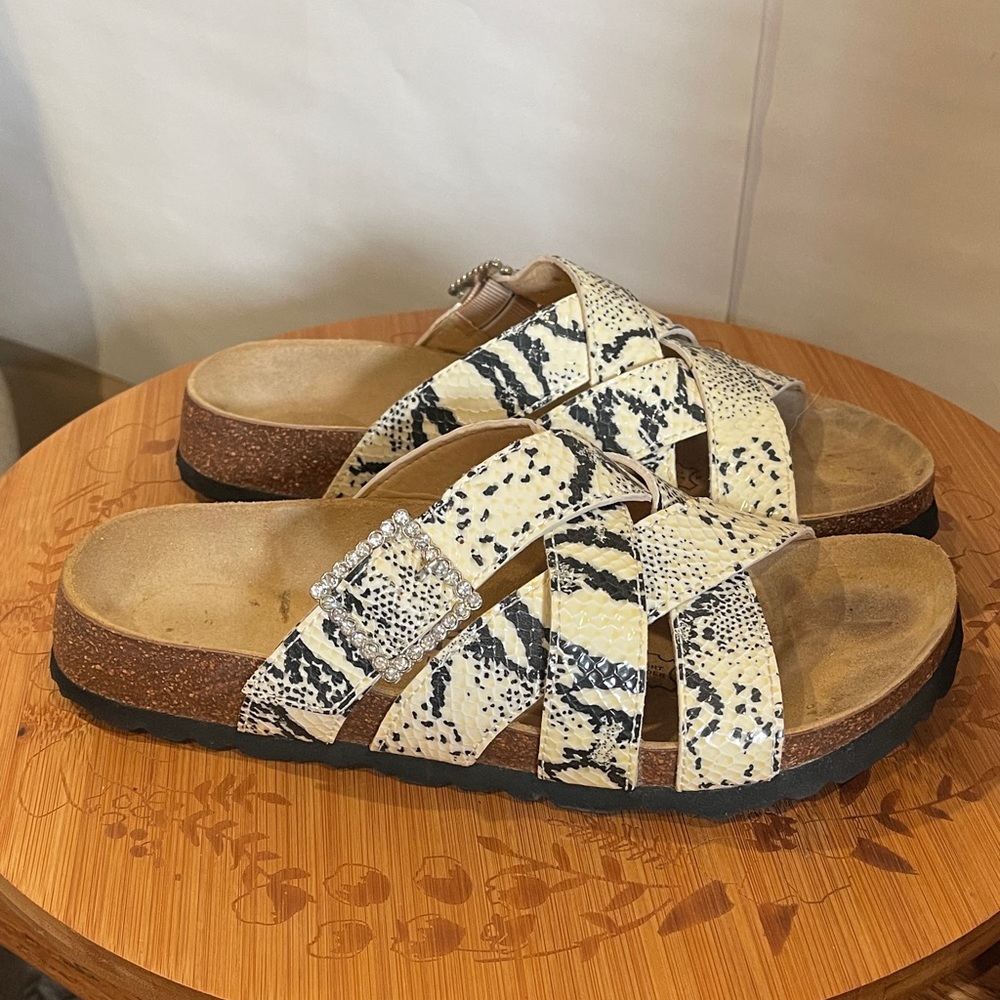Betula by Birkenstock Snake Print Sandals with crystal buckles size 39